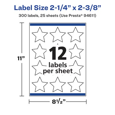 Avery Laser/Inkjet Multipurpose StarLabels, 2.375" Dia, Glossy White, 300/Pack (94611)