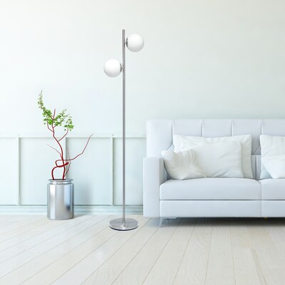 Simple Designs 66" Tall Mid Century Modern Standing Tree Floor Lamp w/ Dual White Glass Globe Shade, Brushed Nickel (LF1044-BSN)
