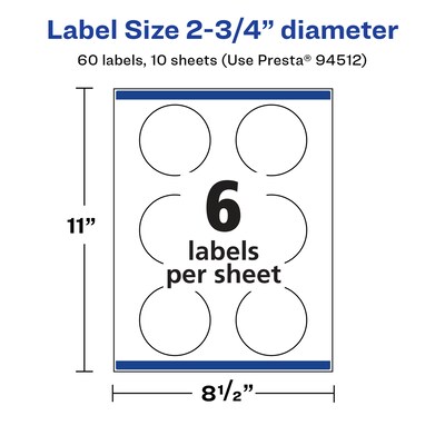 Avery Laser/Inkjet Circle Multipurpose Labels, 2.75"  Dia, Glossy White, 60/Pack (94512)