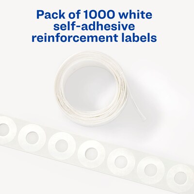 Avery Self-Adhesive Plastic Reinforcement Labels in Dispenser, 1/4" Diameter, Matte White, 1000/Pack (5720)