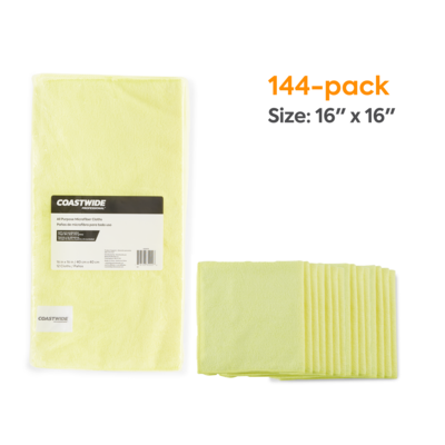 Coastwide Professional™ Microfiber Cloths, 16 x 16, Yellow, 144/Pack (CW52879WCT)
