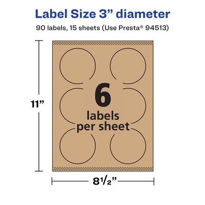 Avery Laser/Inkjet Multipurpose Circle Labels, 3" Dia, Kraft Brown, 90/Pack (94513)
