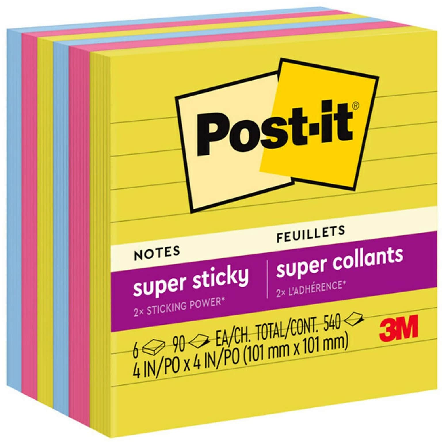 Post-it Super Sticky Notes, 4 x 4, Summer Joy Collection, Lined, 90 Sheet/Pad, 6 Pads/Pack (675-6SSJOY)