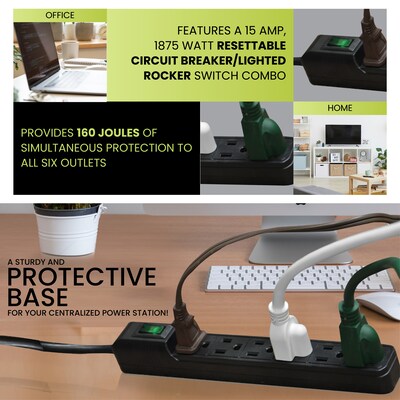 GoGreen Power 6 Outlet Mini Surge Protector, 2' cord, Black (GG-16103MINBK)