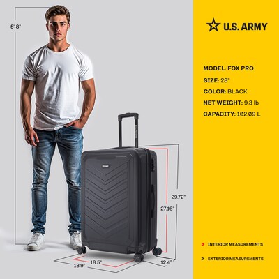 US Army FOX PRO 28" Hardside Suitcase, 4-Wheeled Spinner, TSA Checkpoint Friendly, Black (USLFPRO00L-BLK)