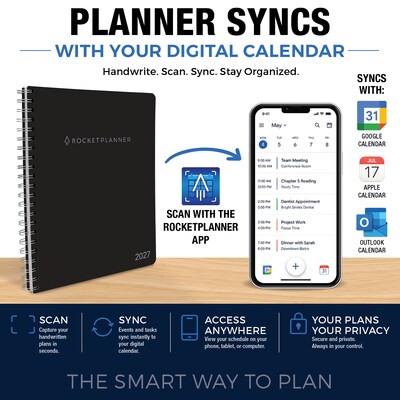 2027 Rocketbook Rocketplanner 9 x 11 Calendar Year Weekly & Monthly Planner, Plastic Cover (RKPL-CY27-8-BK)