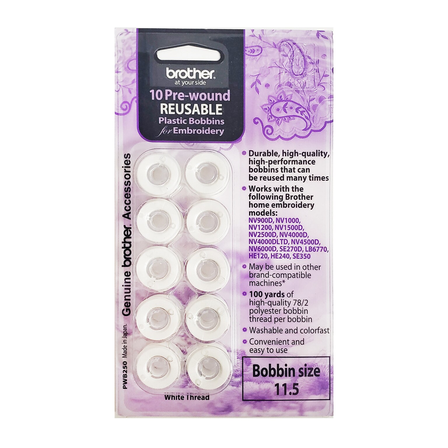 Brother Pre-Wound Embroidery Bobbins, White, 10/Pack (PWB250)