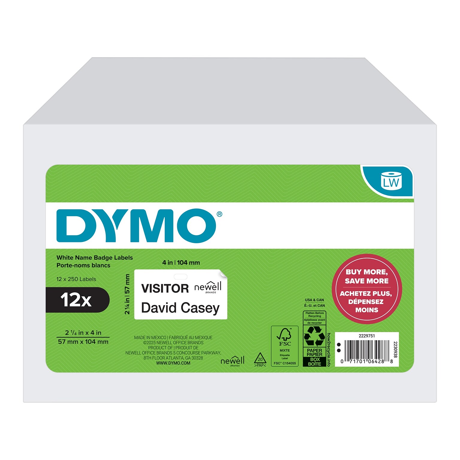 DYMO LabelWriter Large Shipping Labels, 57mm x 104mm, White, 250 Labels/Roll, 12 Rolls/Box (2229751)