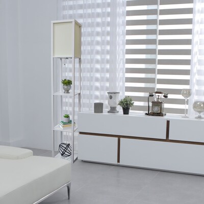 Simple Designs 62.50" Etagere Organizer Storage Shelf Floor Lamp with Linen Shade, White (LF1014-WHT)