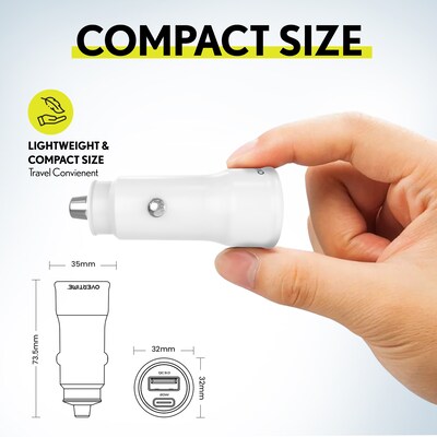 Overtime 38W Car Charger and 6-Foot USB-C to USB-C Cable Bundle, White (OTC2PD6TC)