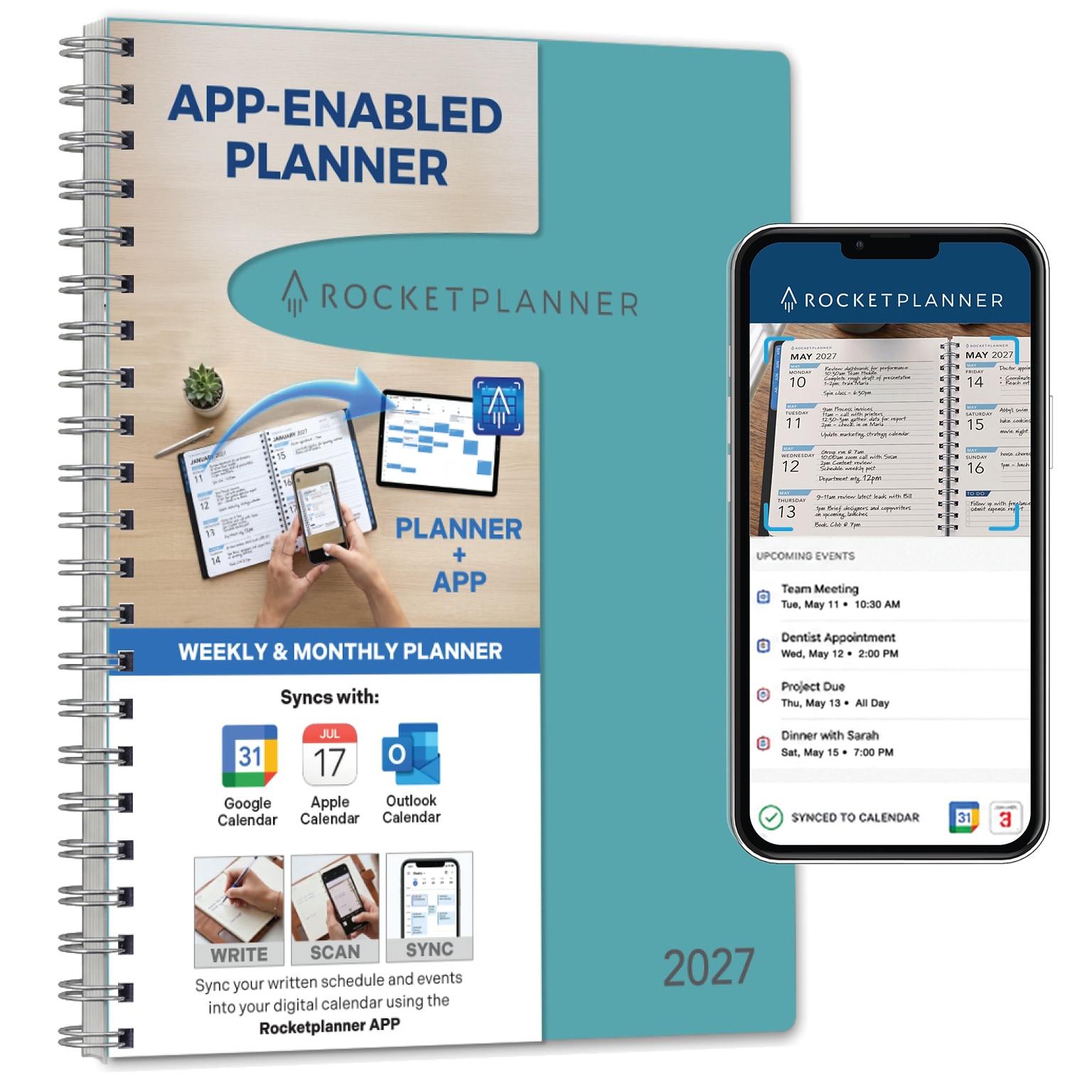2027 Rocketbook Rocketplanner 9 x 11 Calendar Year Weekly & Monthly Planner, Plastic Cover (RKPL-CY27-8-TL)