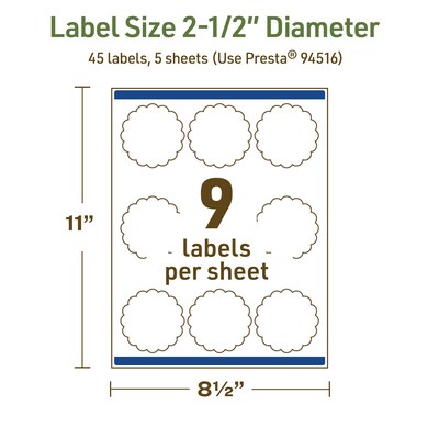 Avery Dissolvable Decorative Edge Multipurpose Labels, 2.5" Dia., Off-white, 45/Pack (94516)