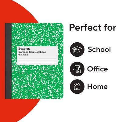 STAPLES Composition Notebook, 9.75” x 7.5”, Wide Ruled, 100 Sheets, Green Cover