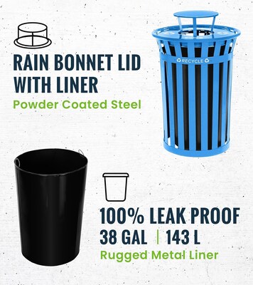 Alpine Industries Metal Commercial Outdoor Recycling Receptacle with Rain Bonnet Lid, 38 Gallon, Black/Blue (479-38-1-BLU)