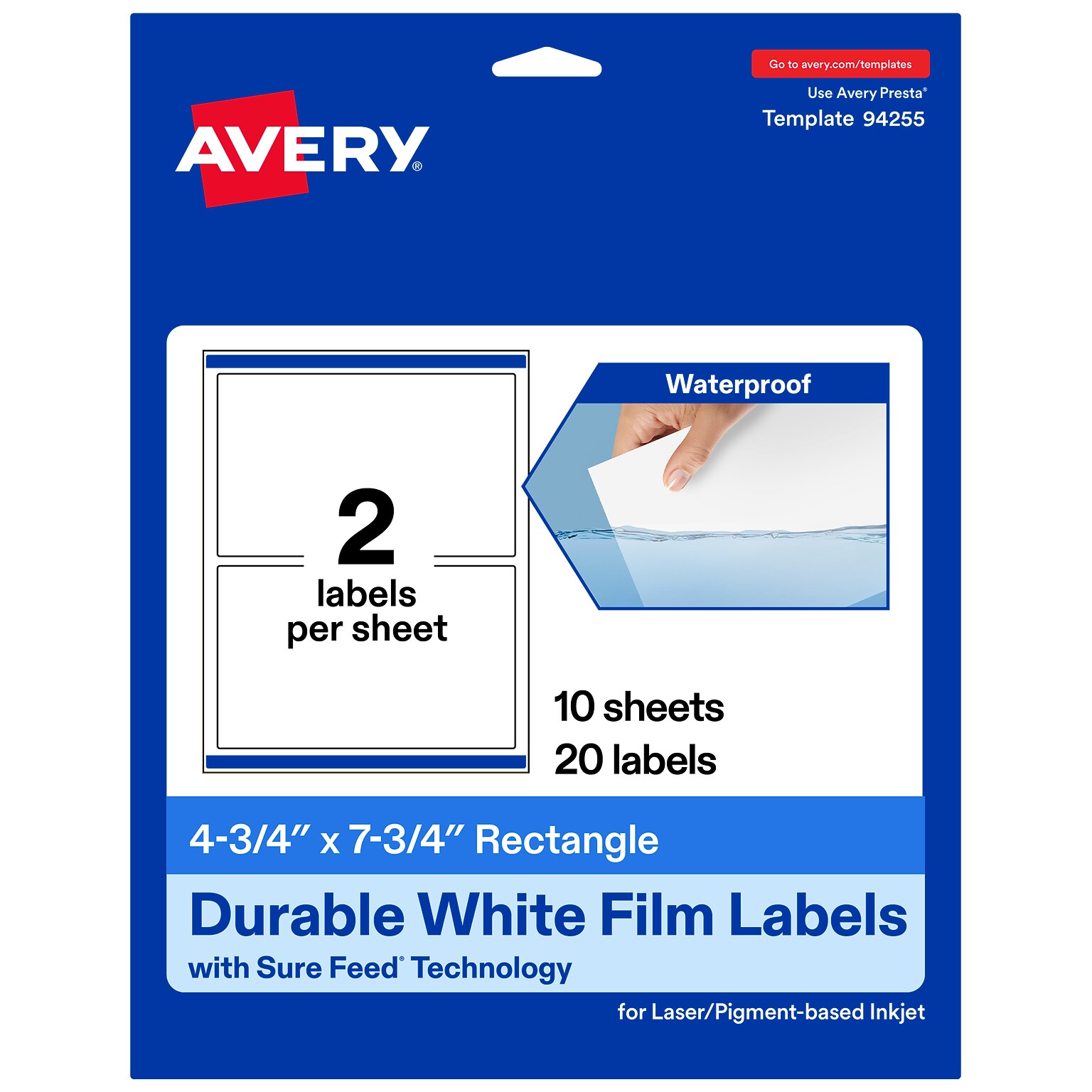 Avery Laser/Inkjet Rectangle Waterproof Multipurpose Labels, 7.75 x 4.75, White, 20/Pack (94255)