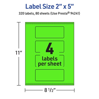 Avery Laser/Inkjet Multipurpose Rectangle Labels, 2" x 5", Neon Green, 320/Box (94241)