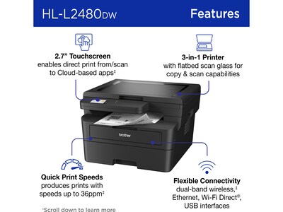 Brother HL-L2480DW Wireless Compact Multi-Function Laser Printer, Copy & Scan, Duplex, Refresh Subsc