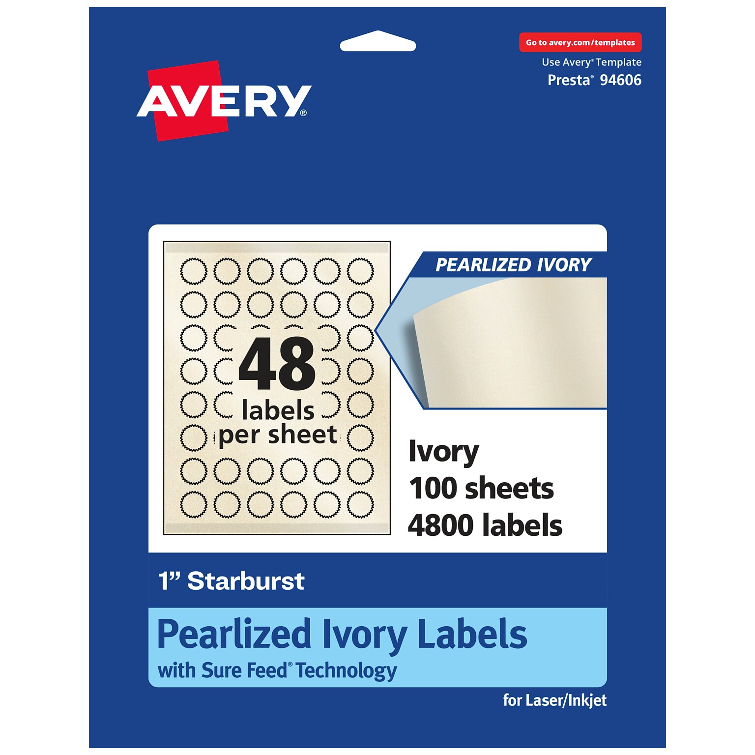 Avery Pearlized Ivory Burst Multipurpose Labels, 1, Ivory, 4800/Box (94606)