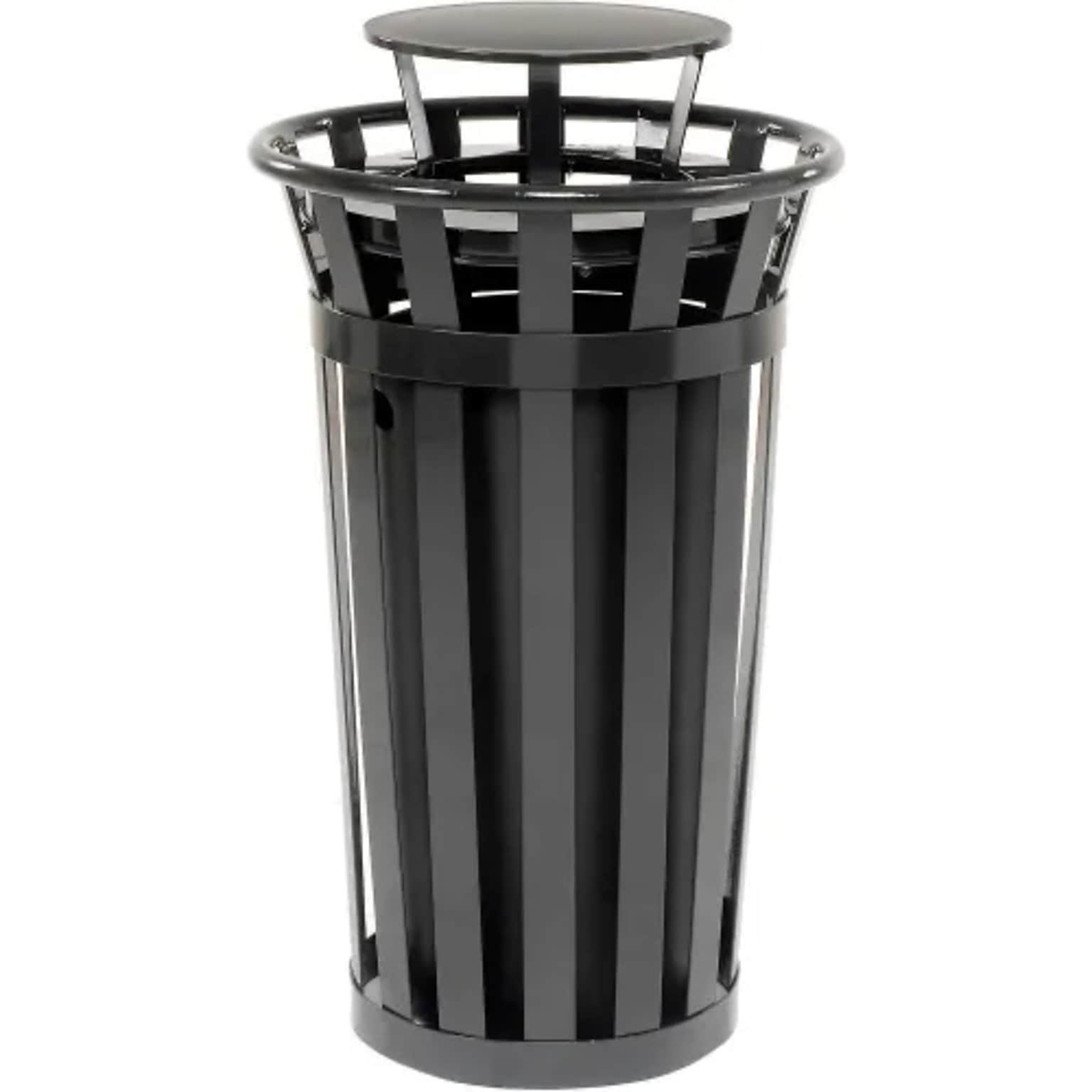 Global Industrial Outdoor Slatted Steel Trash Can w/ Rain Bonnet Lid, 24 Gallon, Black (260803BK)