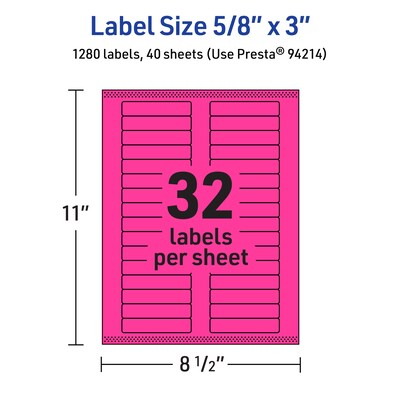 Avery Laser/Inkjet Rectangle Multipurpose Labels, 5/8" x 3", Neon Magenta, 1280/Pack (94214)