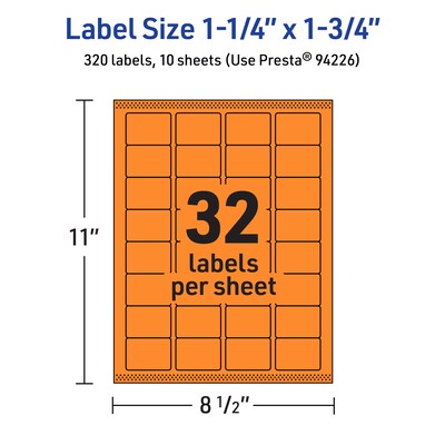 Avery Laser/Inkjet Multipurpose Rectangle Labels, 1.25" x 1.75", Bright Orange, 320/Pack (94226)