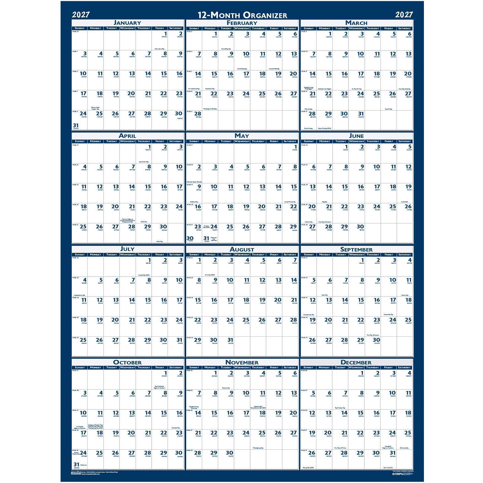 2027 House of Doolittle 18 x 24 Yearly Dry Erase Wall Calendar, Reversible, Blue (3960-27)