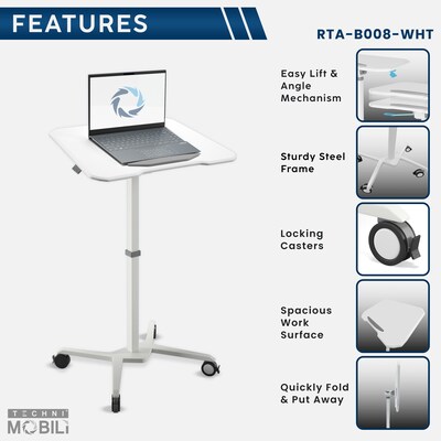 Techni Mobili Mobile Laptop Stand with Lockable Wheels, White (RTA-B008-WHT)