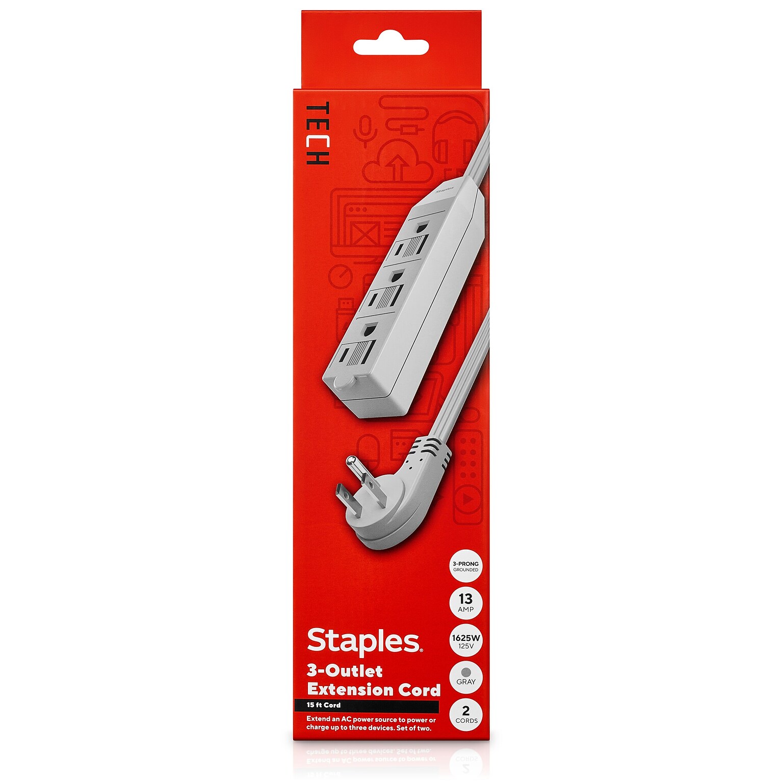 Staples TECH 15 Extension Cord, 3-Outlet, 16 AWG, Gray, 2/Pack (ST62347)