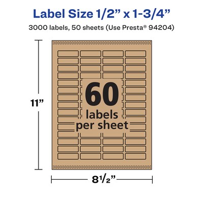 Avery Laser/Inkjet Rectangle Multipurpose Labels, .5" x 1.75", Kraft Brown, 3000 Labels/Box ( 94204)
