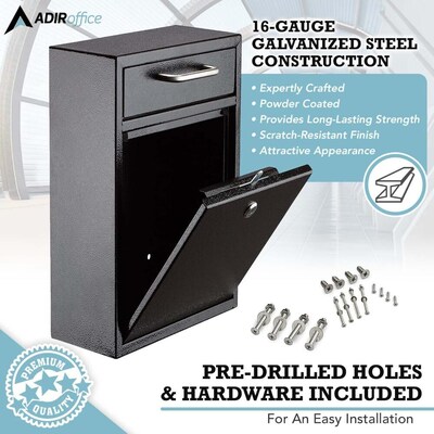 AdirOffice Steel Large Wall Mounted Drop Box Interoffice Mailbox, Key Lock, Black (631-04-BLK-PKG)