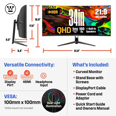Westinghouse Ultrawide 34" Curved WQHD 180Hz LED AMD FreeSync Gaming Monitor, Built-In Speaker, Black (WC34BX6250)