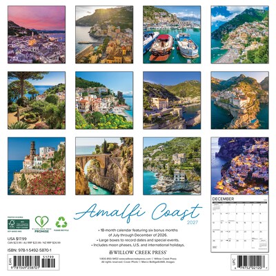 2027 Willow Creek Amalfi Coast 12 x 12 Monthly Wall Calendar, Assorted Colors (58701)