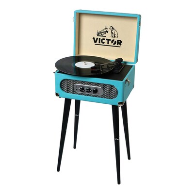 Victor Andover Dual-Bluetooth Belt-Drive 5-in-1 Suitcase-Style Record Player with Legs, Turquoise (VWRP-3200-TQ)