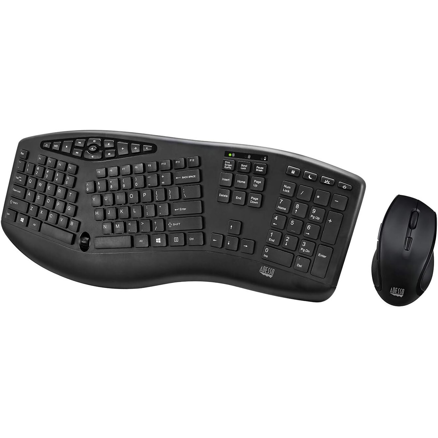 Adesso Wireless Ergonomic Keyboard and Mouse Combo, Black (WKB-1600CB)