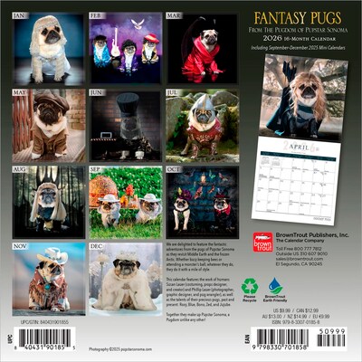 2026 BrownTrout Fantasy Pugs 7 x 7 Monthly Wall Calendar (9798330701858)