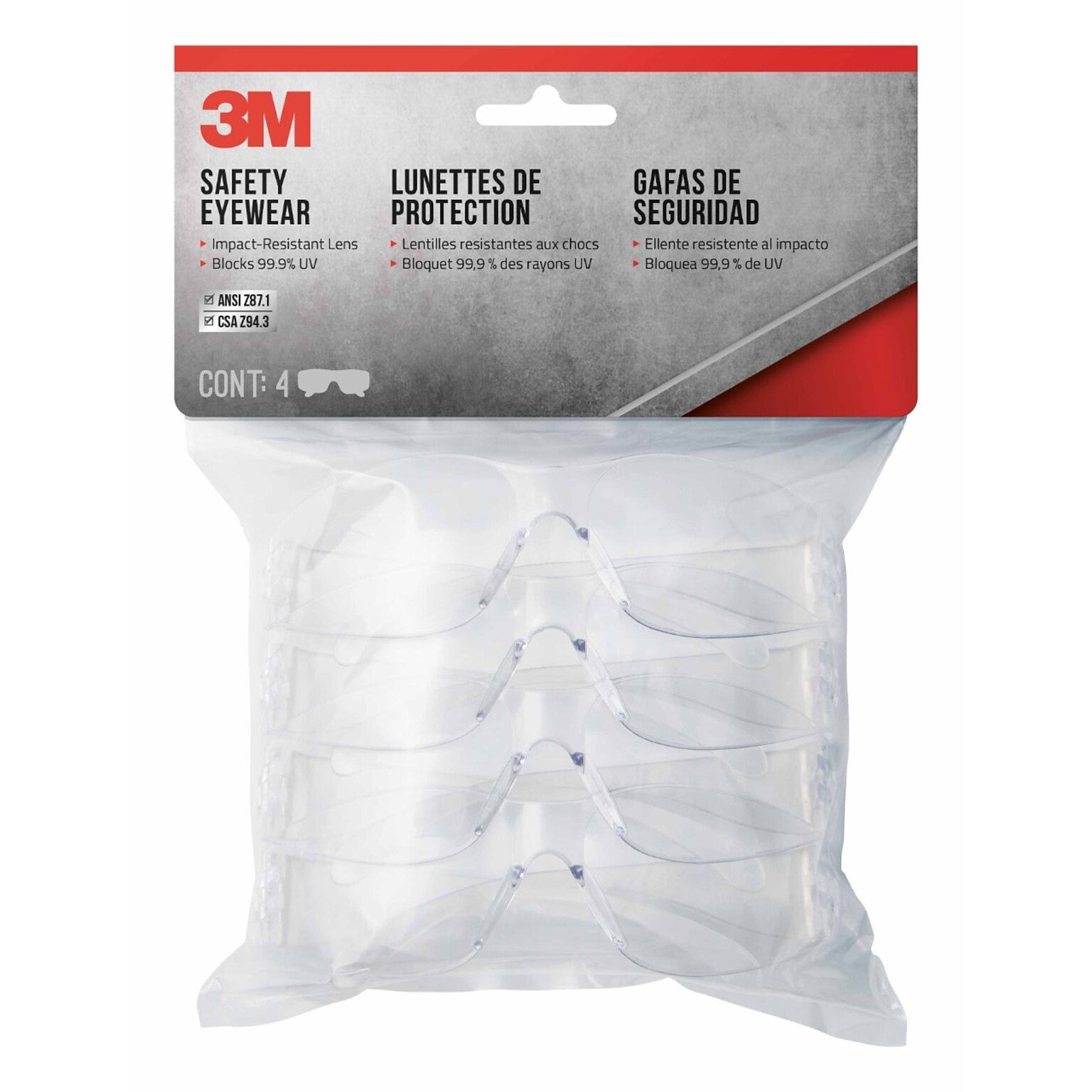 3M Safety Glasses, Wraparound, Clear Lens, 4/Pack (90953H4-DC-M)