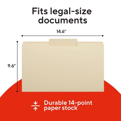 Staples File Folders, Legal Size, 1/3-Cut Tabs, Assorted Positions, Manila, Durable Paper Stock, 50/Pack