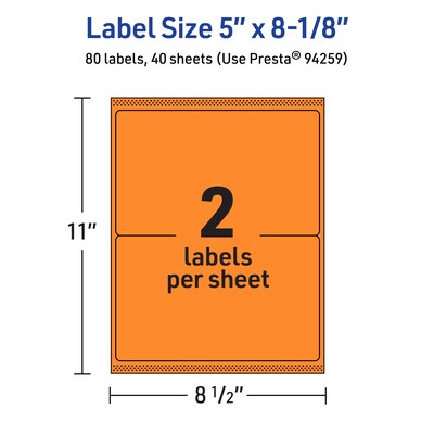 Avery Rectangle Multipurpose Labels, 5" x 8-1/8", Bright Orange, 80/Pack (94259)
