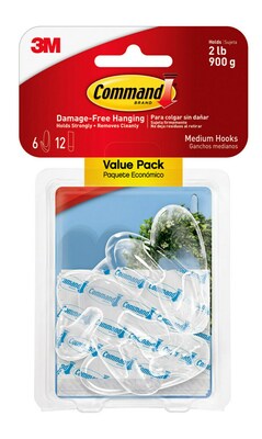 Command Medium Hooks, 2 lb., Clear, 6/Pack (17091CLR-6ES)