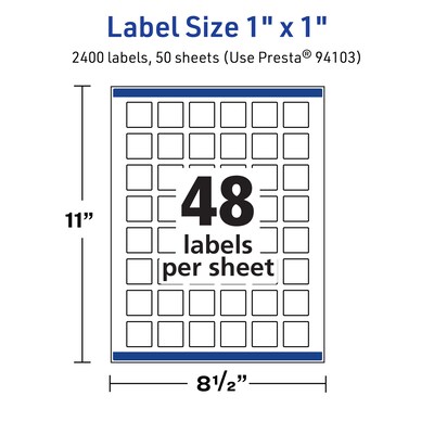Avery TrueBlock Laser/Inkjet Square Multipurpose Labels, 1" x 1", White, 2400/Box (94103)