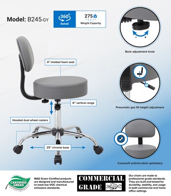 Boss Caressoft Armless Medical Stool with Backrest, Gray (B245-GY)
