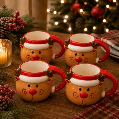 Reindeer Ceramic Mugs, Set of 4