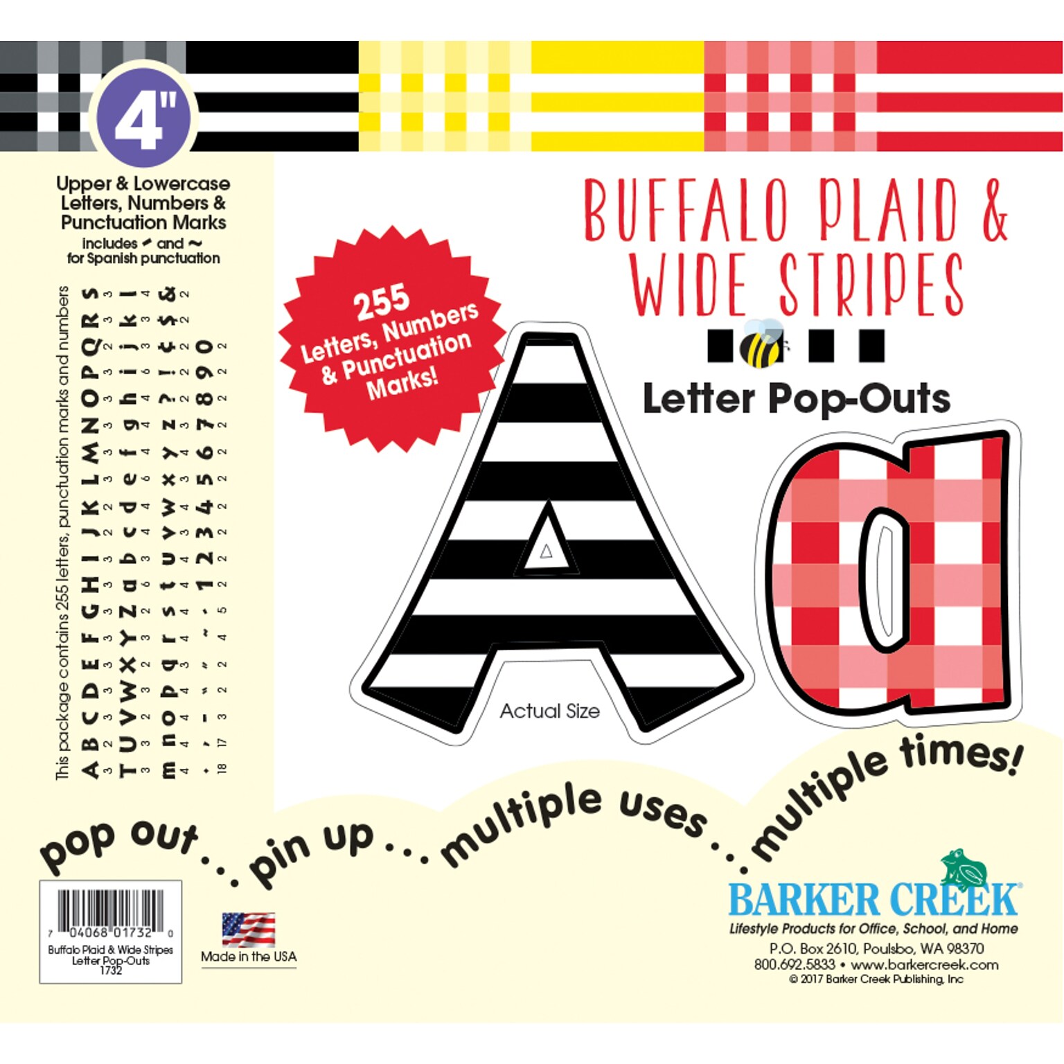 Barker Creek Buffalo Plaid & Wide Stripes 4 Letter Pop-outs, 255 Pieces per Pack (BC1732)