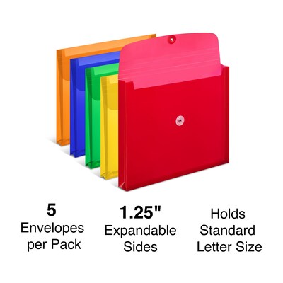 Staples Plastic Filing Envelopes with Button & String Closure, Letter Size, Assorted Colors, 5/Pack