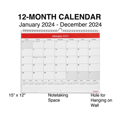 2024 Staples 15 x 12 Wall Calendar, Red/White (ST52080-24)