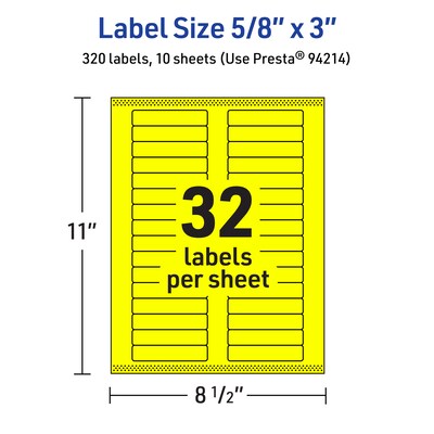 Avery Laser/Inkjet Multipurpose Rectangle Labels, 5/8" x 3", Neon Yellow, 320/Pack (94214)
