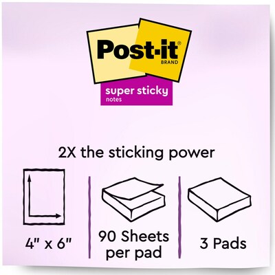 Post-it Recycled Super Sticky Notes, 4 x 6, Wanderlust Pastels Collection, Lined, 90 Sheets/Pad, 3
