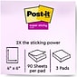 Post-it Recycled Super Sticky Notes, 4" x 6", Wanderlust Pastels Collection, Lined, 90 Sheet/Pad, 3 Pads/Pack (6603SSNRP)