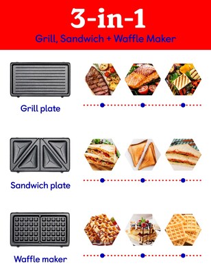 Betty Crocker 3-in-1 Sandwich, Panini Grill and Waffle Maker Plus, Red (BC-4965R)