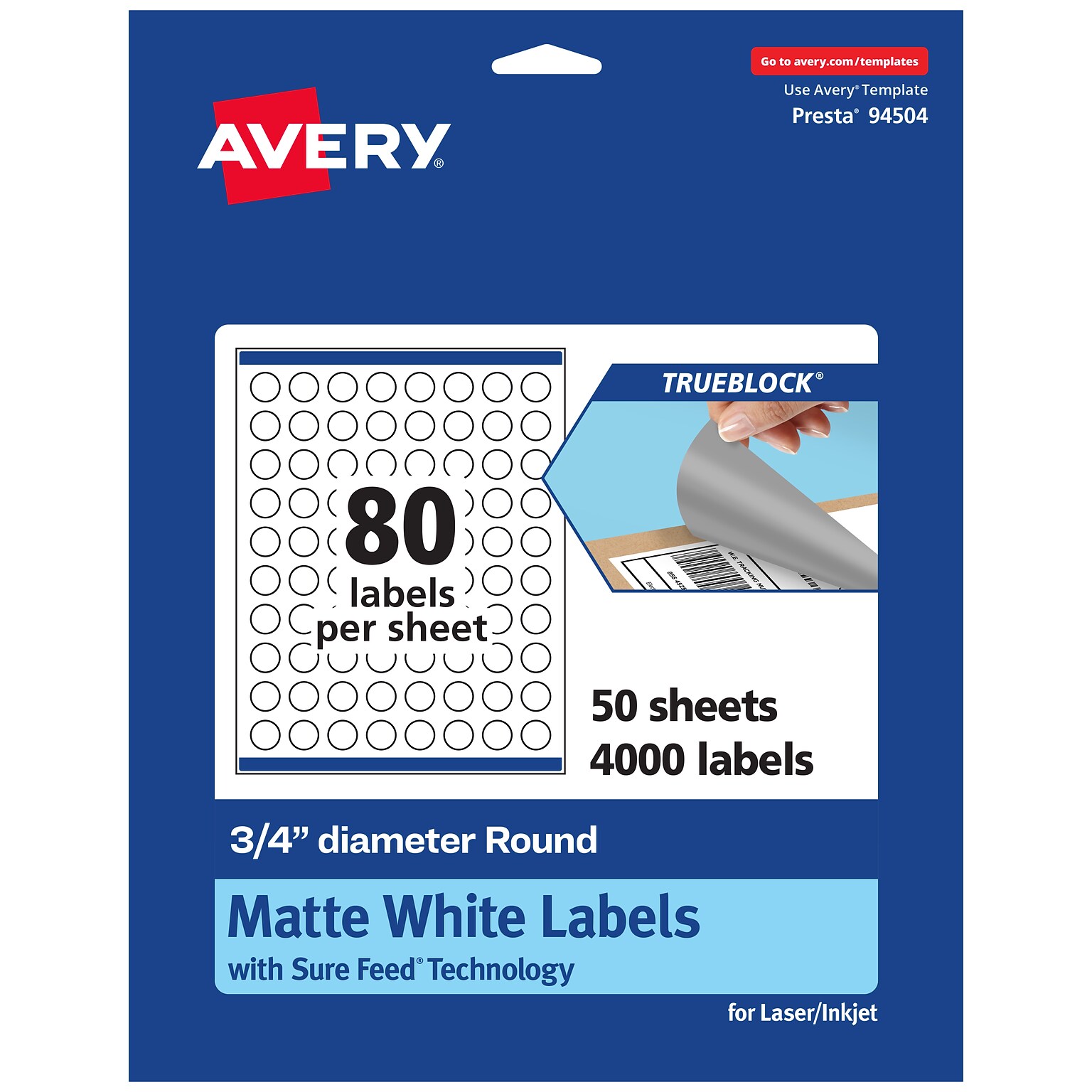 Avery TrueBlock Laser/Inkjet Circle Multipurpose Labels, 0.75 Dia., White, 4000/Box (94504)